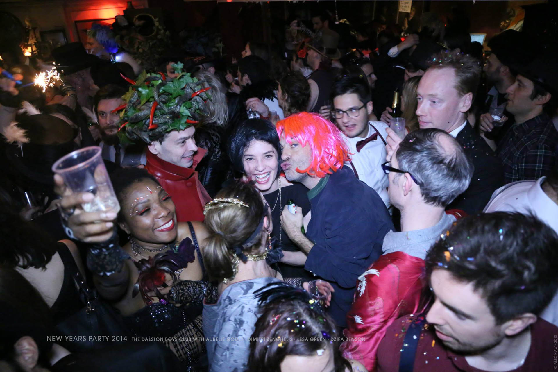 New Years Party 2014, The Dalston Boys Club, with Aurelie Godet, Dimitri Zenghelis, Lesa Green, Dzifa Benson, Gorgon headpiece